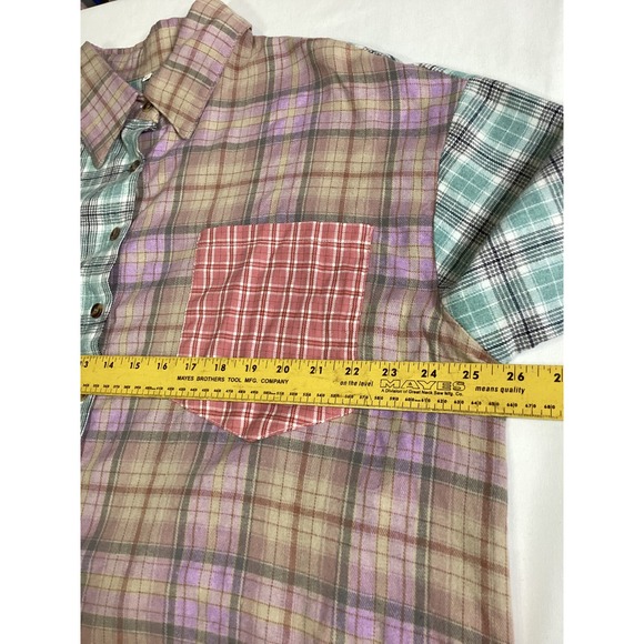 Colorblock Plaid Raw Hem Button Up Shirt Grunge Boho Oversized Size L - Picture 6 of 7